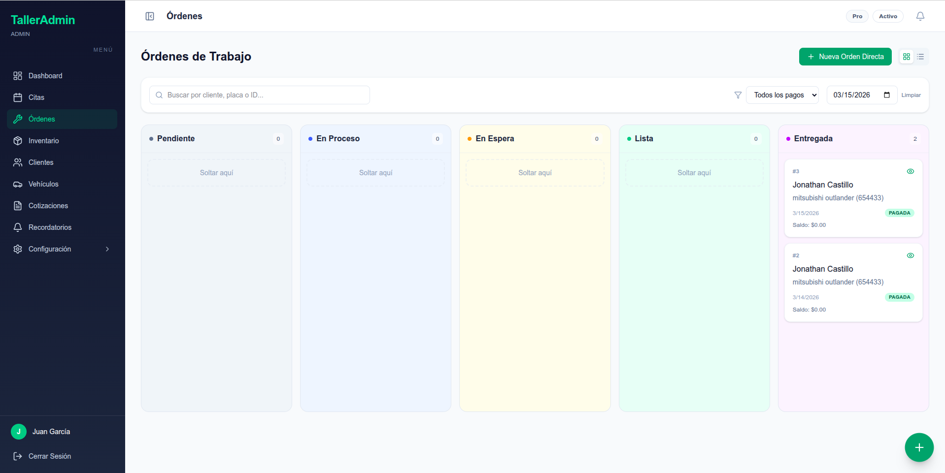 Tablero de órdenes de trabajo con columnas por estado y tarjetas de servicio