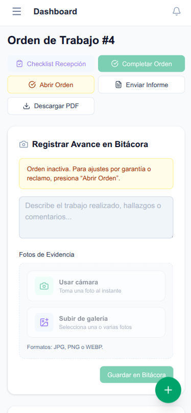 Vista móvil de TallerAdmin con seguimiento de servicio y acciones principales