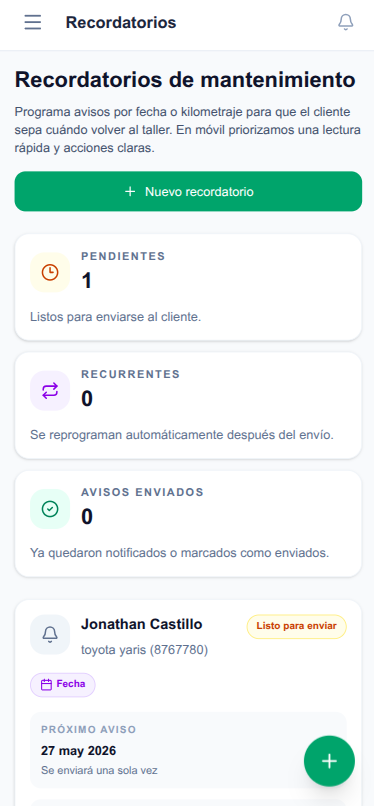 Vista móvil de recordatorios de mantenimiento con acciones claras y resumen de avisos